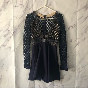 CLUB L - NAVY BLUE CUTOUT DETAIL DEEP V MINI DRESS UK10 / US WOMENS SMALL